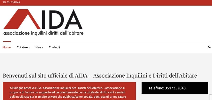 Screenshot del sito AIDA Bologna